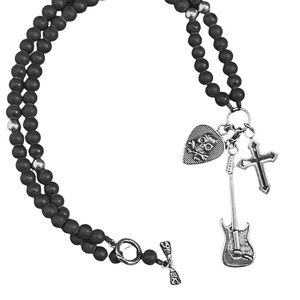 Stainless Steal beaded necklace with Guitar, Celtic cross and skull guitar pick